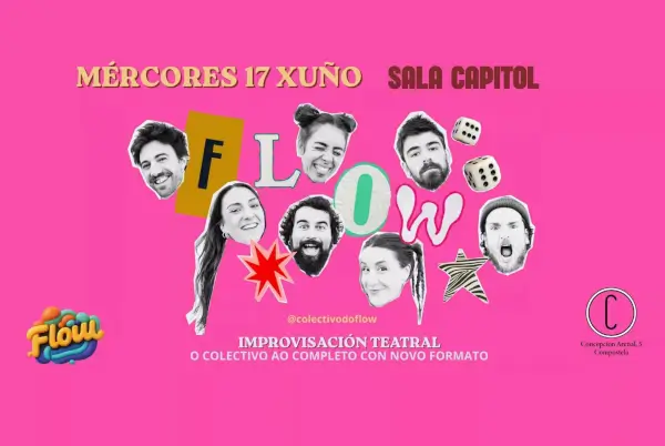 Actores del Colectivo do Flow en escena, interactuando con dados y un pulsador en una obra de improvisación teatral.