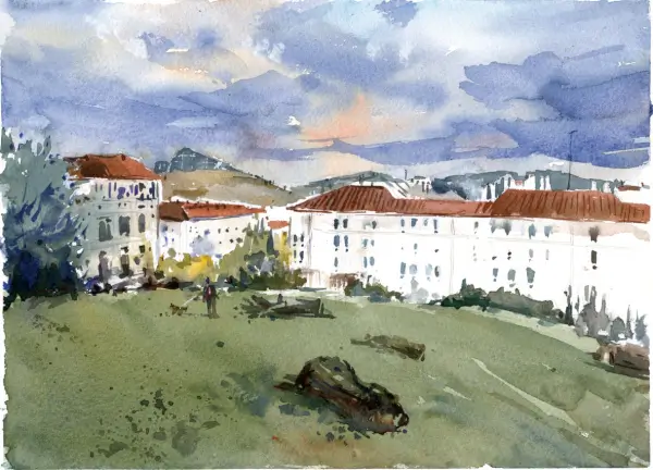 Imagen de Santiago de Compostela con un retrato de Begoña Caamaño.