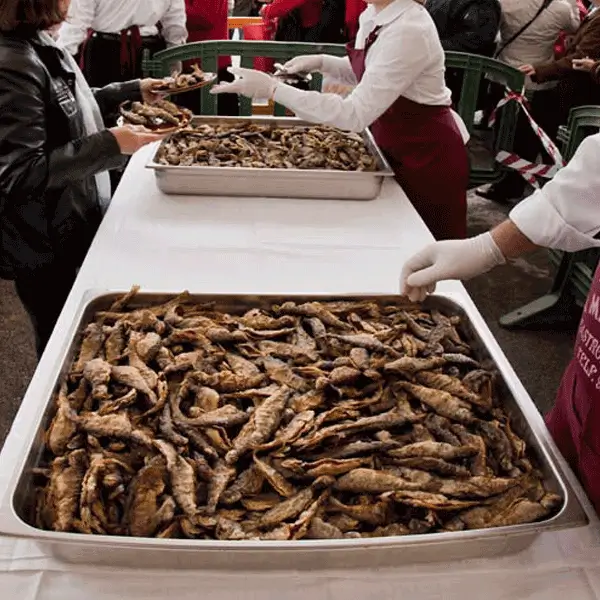 Imagen de un plato de truchas fritas con limón y perejil, servidas en un ambiente festivo de la Festa da Troita de Sigüeiro.