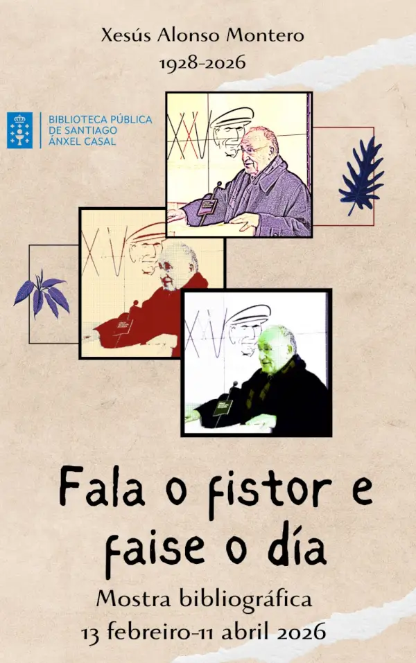 Retrato de Xesús Alonso Montero, lingüista y poeta gallego, en el contexto de una exposición bibliográfica.