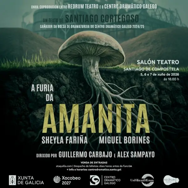 Imagen promocional de 'La Furia de la Amanita', mostrando a los dos protagonistas en un ambiente de tensión y reflexión.