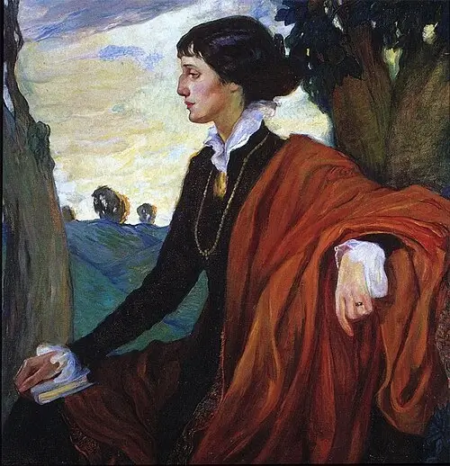 Retrato de la poeta rusa Ana Ajmátova, con un estilo clásico y mirada profunda, ilustrando las Mañanas Poéticas.