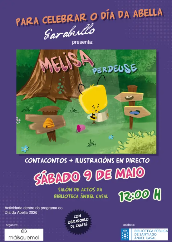 Ilustración de una abeja y animales del bosque para el cuentacuentos 'Melisa perdeuse'.