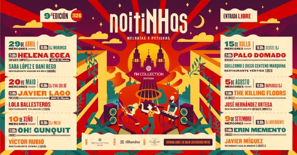 Cartel del evento NoitiNHas 2026, anunciando conciertos y gastronomía.