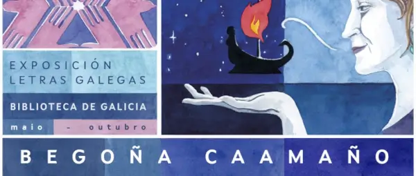 Una exposición bibliográfica con libros y documentos sobre Begoña Caamaño, con ilustraciones de Ana Santiso.