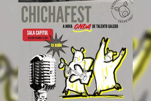 Escenario de Chichafest con una banda tocando en directo y el público disfrutando de la música gallega en un ambiente festivo.