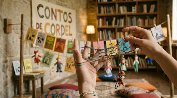 Manos entrelazando un cordel para formar figuras, representando la narración de 'Contos de Cordel'.