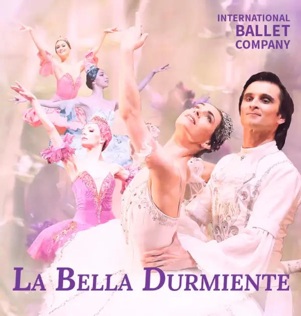 Bailarines de ballet interpretando una escena de 'La Bella Durmiente' con vestuario clásico y escenografía de cuento de hadas.