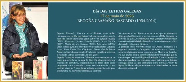 Retrato de Begoña Caamaño, escritora y periodista gallega, con un fondo que sugiere libros y literatura.