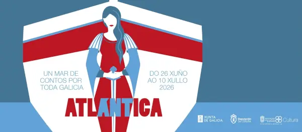 Ilustración del Festival Atlántica con elementos culturales gallegos, un ambiente de tertulia y la figura de una antropóloga.