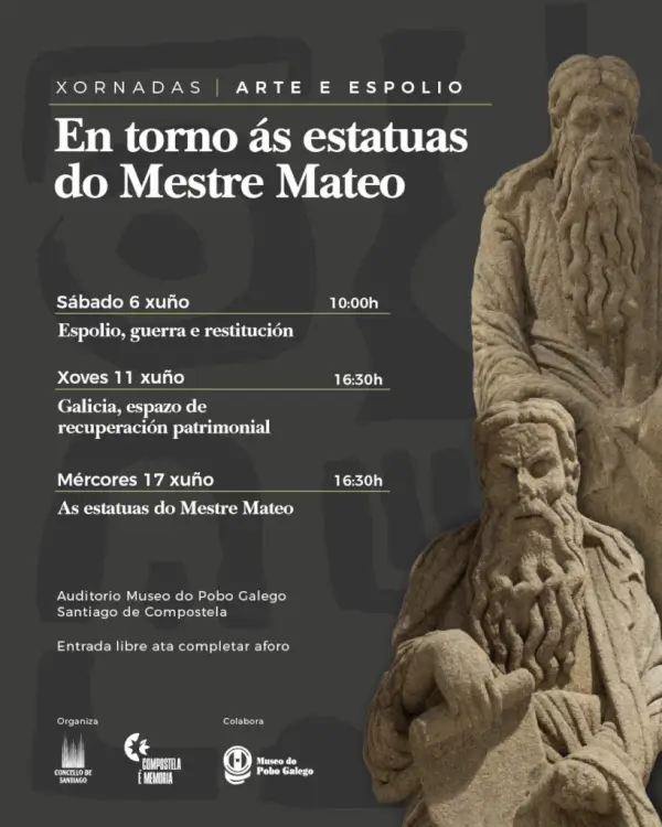 Ilustración de las jornadas 'Arte y Expolio' con una imagen de las estatuas del Maestro Mateo y el logo del Museo do Pobo Galego.