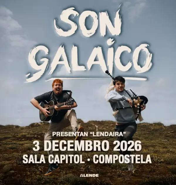 Grupo musical Son Galaico en el escenario, con instrumentos tradicionales gallegos y modernos, bajo luces de concierto.