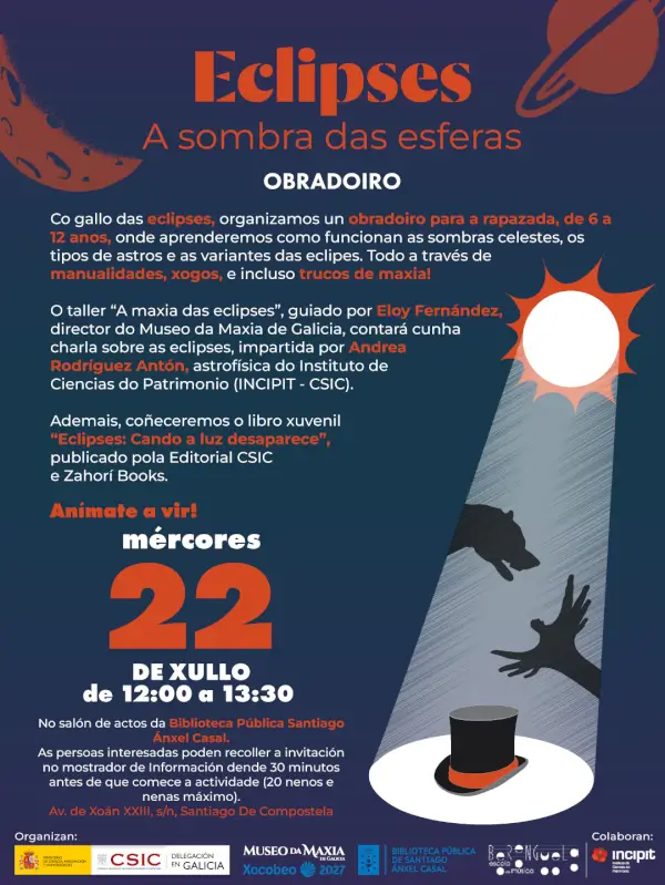Ilustración de niños observando un eclipse solar, con elementos de magia y astronomía, representando el taller y charla.