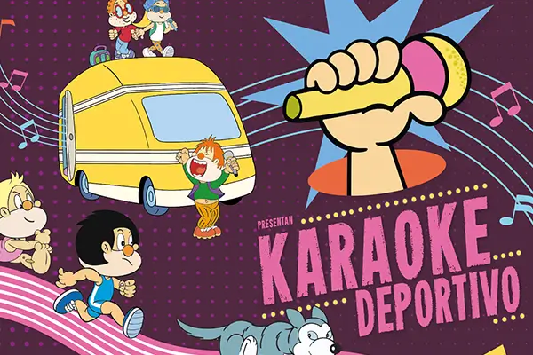 Los personajes de Os Bolechas cantando y bailando en un escenario de karaoke deportivo al aire libre con niños participando.